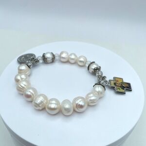 Religious Silver-Tone Mother Of Pearl Enamel Cross Charm Rosary Bracelet